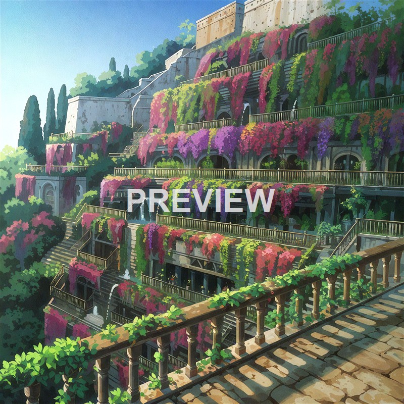 A multi-level building covered in vibrant pink, purple, and green flowering vines, with stairs and railings, set against a clear blue sky and lush greenery.